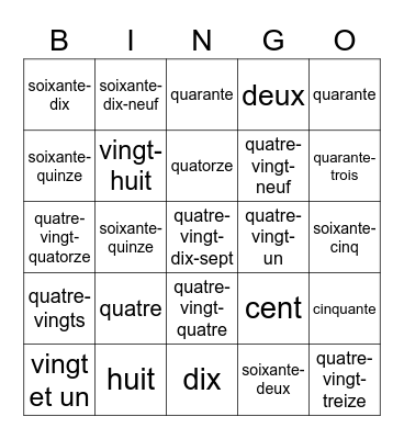 French 0-100 Bingo Card