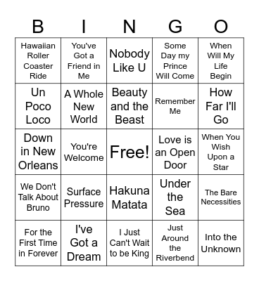 Disney Music Bingo Card