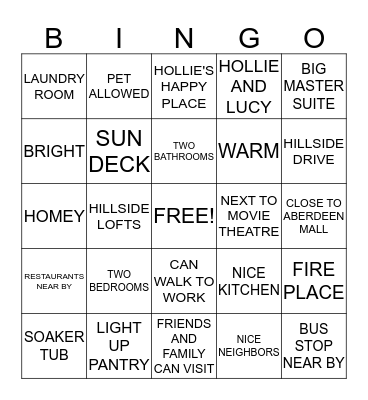 HOLLIE'S NEW APARTMENT Bingo Card