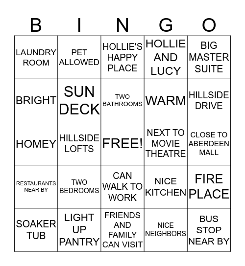 HOLLIE'S NEW APARTMENT Bingo Card