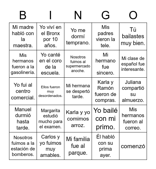 Bingo 2 (Spanish 4) Bingo Card