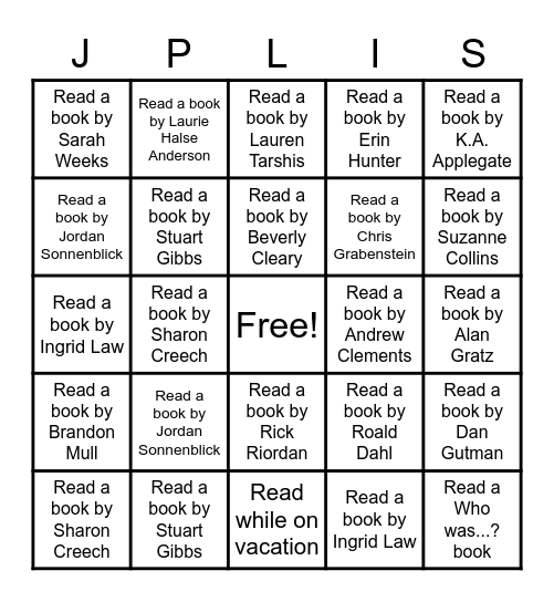 JPLIS Summer Reading Author Bingo Card