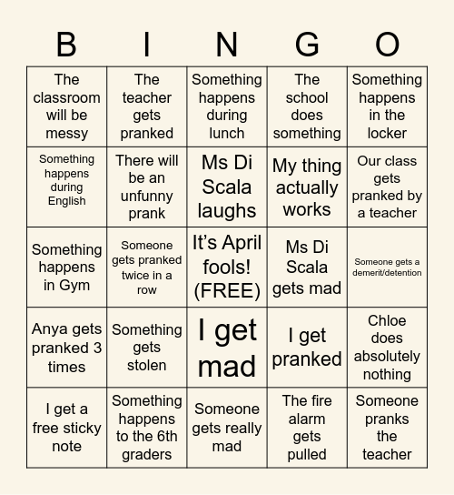 April Fools Bingo Card