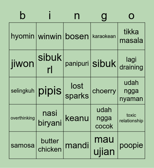 jennie’s Bingo Card