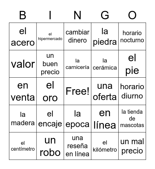 Spanish III Shopping Bingo Card
