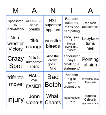 WrestleMania 38 Bingo Card
