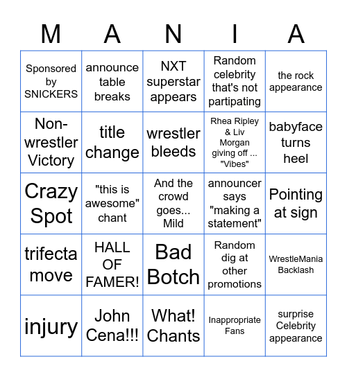 WrestleMania 38 Bingo Card