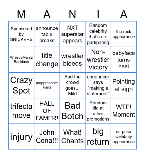 WrestleMania 38 Bingo Card