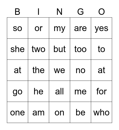 sight words Bingo Card