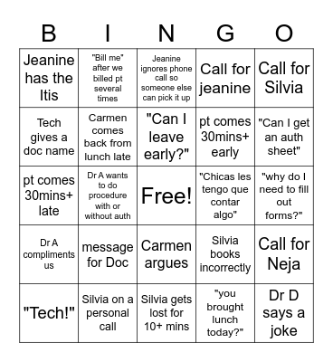 Front Desk Bingo Card