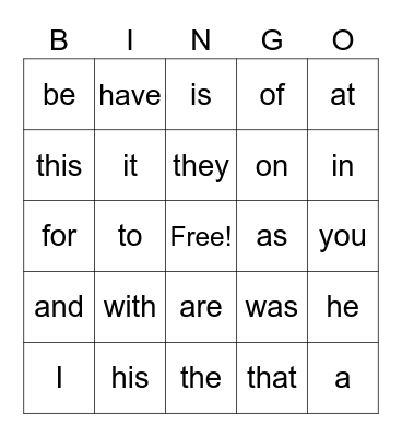 4th Period Bingo Card