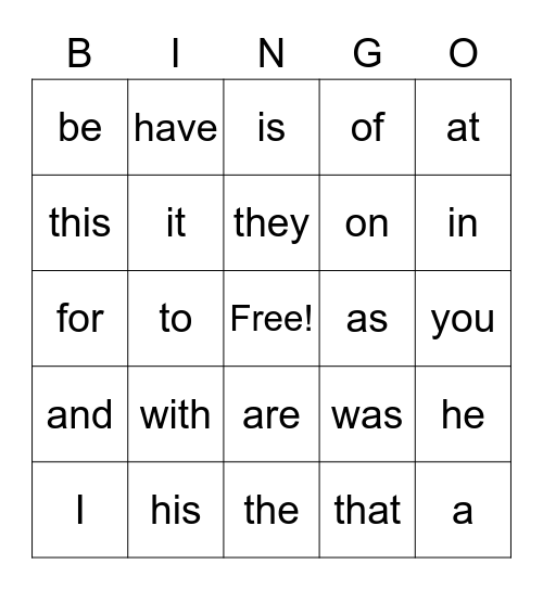 4th Period Bingo Card
