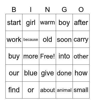 1st HF Word Bingo Card
