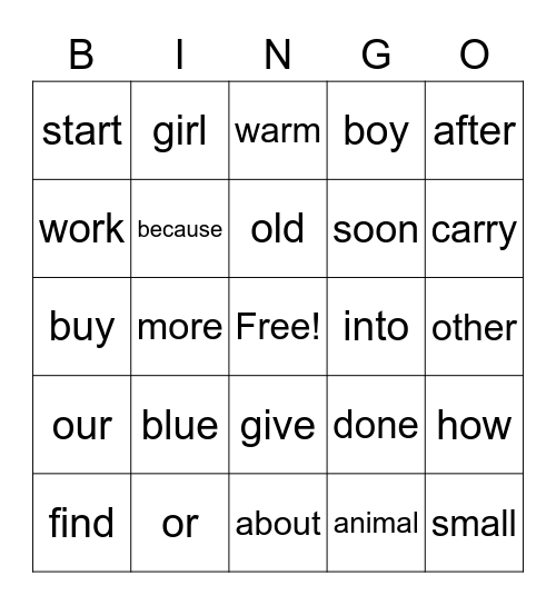 1st HF Word Bingo Card