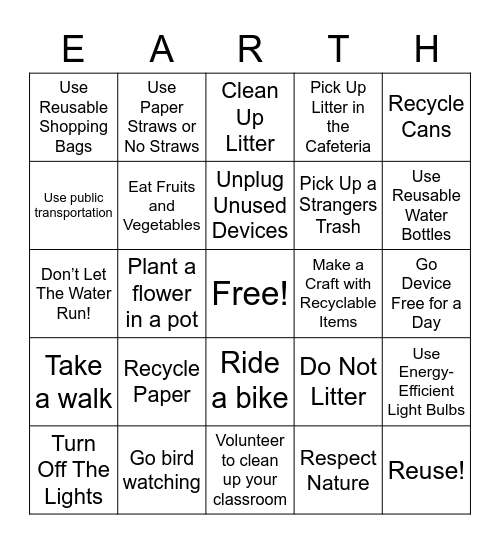 Geo's Earth Day Challenge Bingo Card