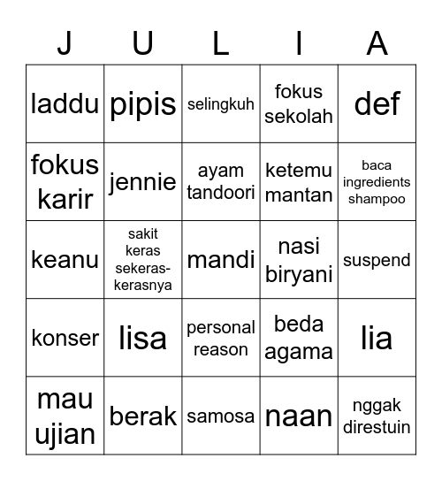 Lia Bingo Card