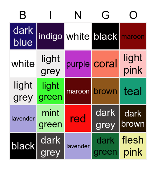 Colours Bingo Card