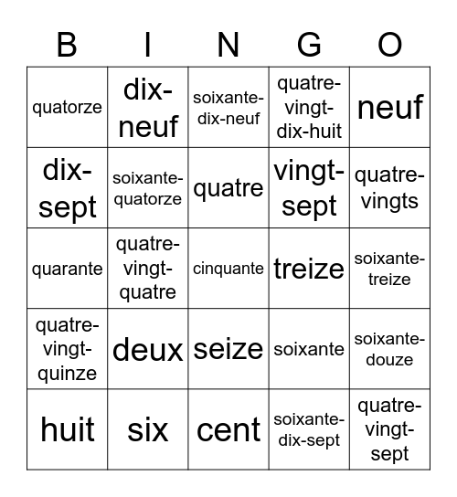 French #0-100 Bingo Card
