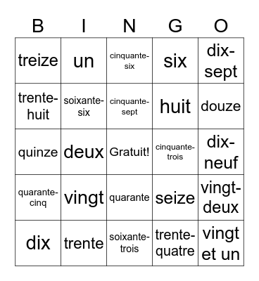French Numbers Bingo Card