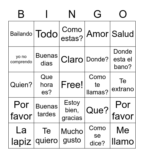 Learn Spanish Bingo Card