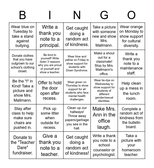 KINDNESS CHALLENGE Bingo Card