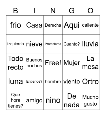 Learn Spanish Bingo Card