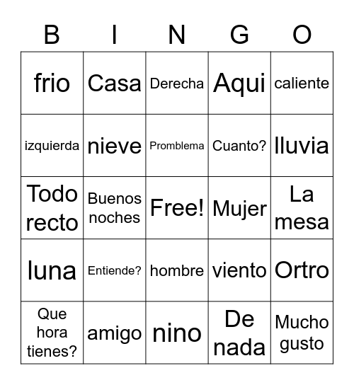 Learn Spanish Bingo Card