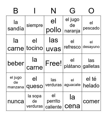 La comida Bingo Card
