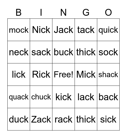 -ck words Bingo Card