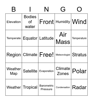 Weather/ Climate Bingo Card