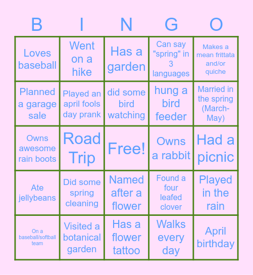 Springo Bingo (Mark everything you've done this spring!) Bingo Card