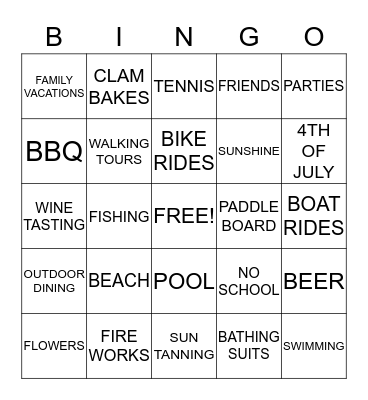 SUMMERTIME  Bingo Card