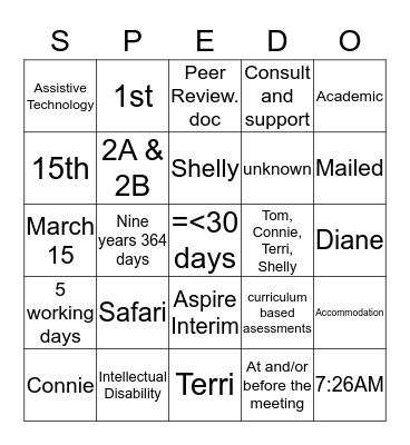 Sped-O Bingo Card
