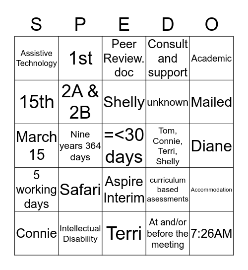 Sped-O Bingo Card