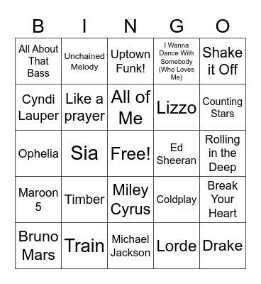 Pop Music BINGO Card