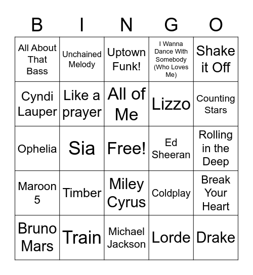 Pop Music BINGO Card