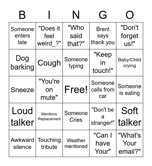 Brent's Virtual Farewell Party Bingo Card