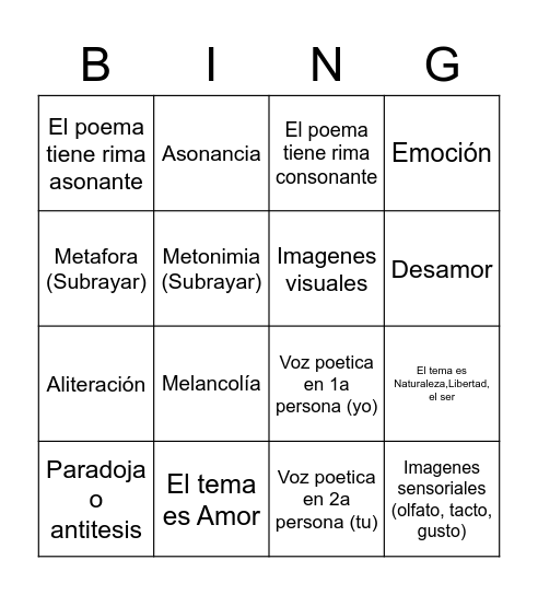Bingo Poemas romanticos Bingo Card