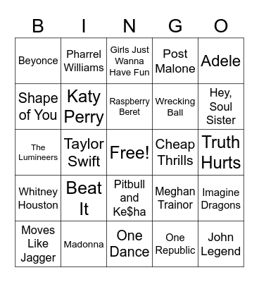 Pop Music BINGO Card