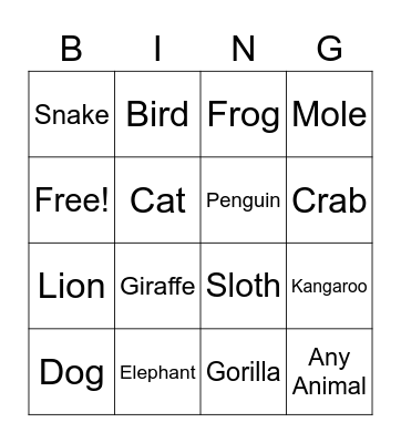 Animal Bingo Card