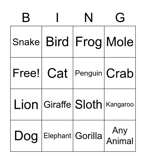 Animal Bingo Card