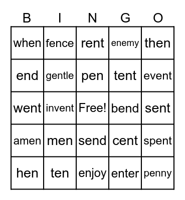 en Word Parts Bingo Card