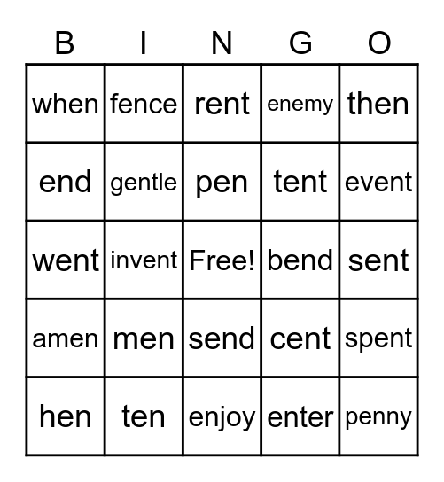 en Word Parts Bingo Card