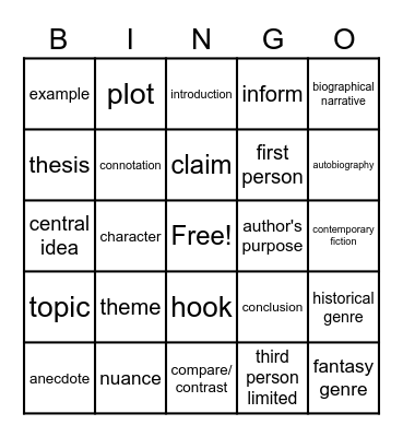 6th Grade ELA Terminology Bingo Card