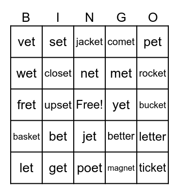 et Word Parts Bingo Card