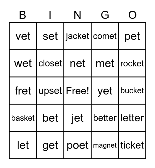 et Word Parts Bingo Card
