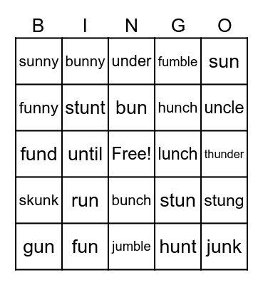 un Word Parts Bingo Card