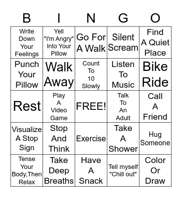 Anger Managment Coping Skills Bingo Card