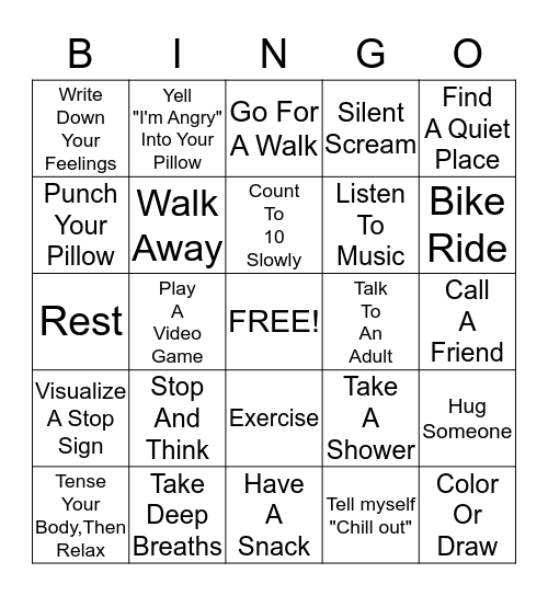 Anger Managment Coping Skills Bingo Card