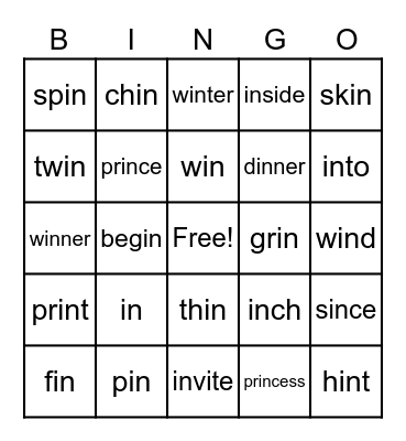 in Word Parts Bingo Card